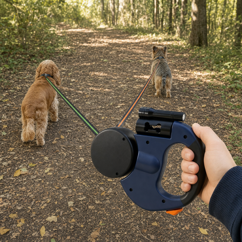 The blue dual retractable leash on a woodland trail with its two tapes paid out to different lengths, reaching two small dogs at different distances ahead.