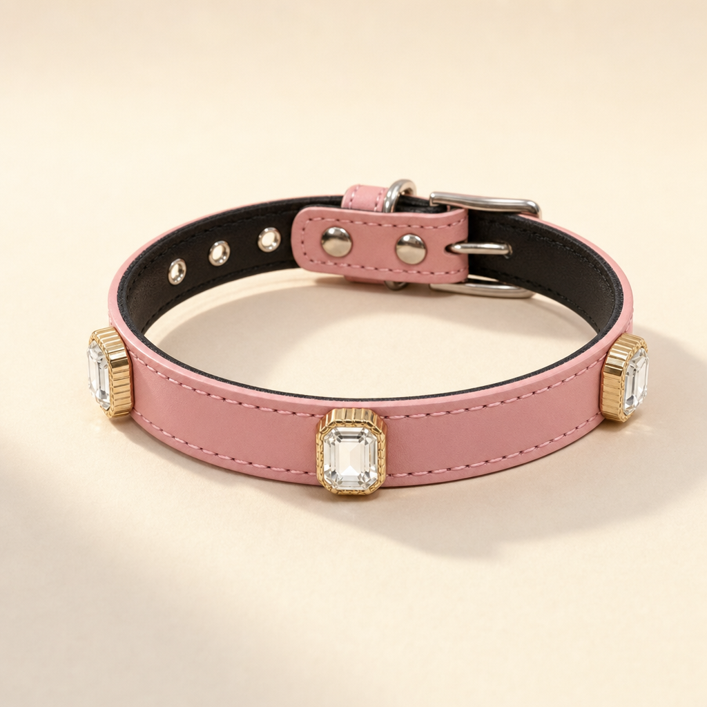 Blossom pink rhinestone dog collar with clear stones in gold-tone settings