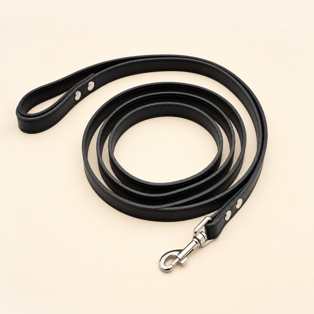 Plain black matching lead coiled flat, with a silver swivel hook and no rhinestones