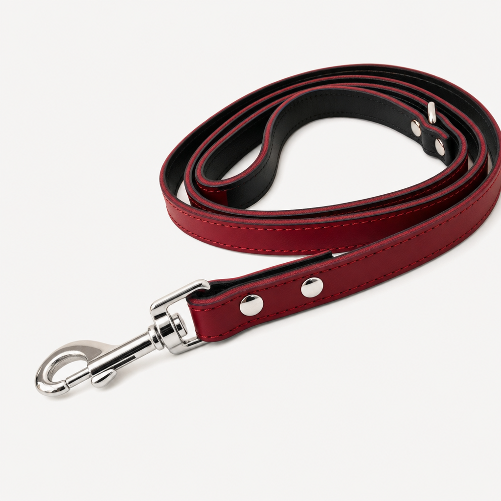Plain ruby red matching lead coiled flat, with a silver swivel hook and no rhinestones