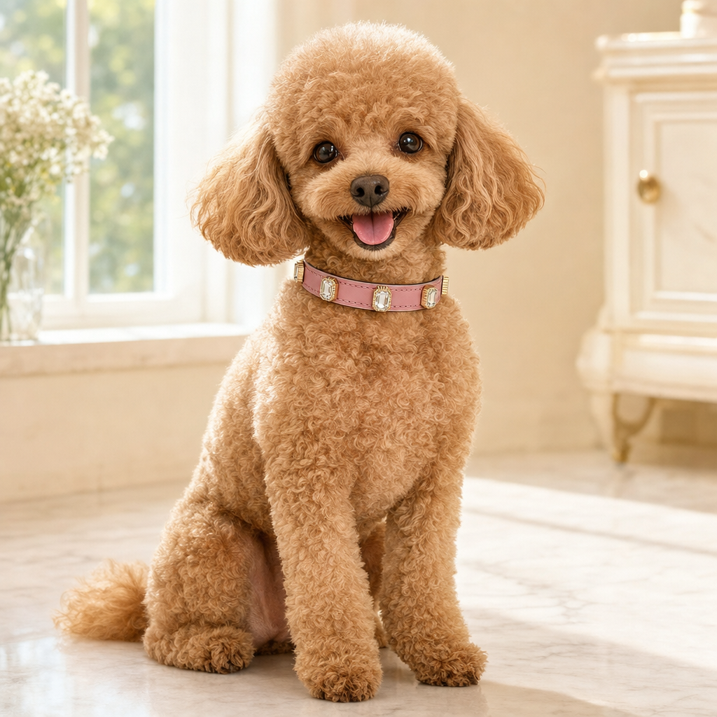 Apricot Toy Poodle sitting indoors wearing the blossom pink rhinestone collar