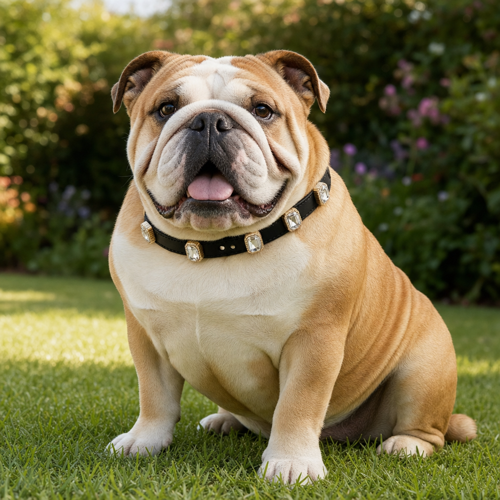 English Bulldog sitting on grass wearing the black rhinestone collar