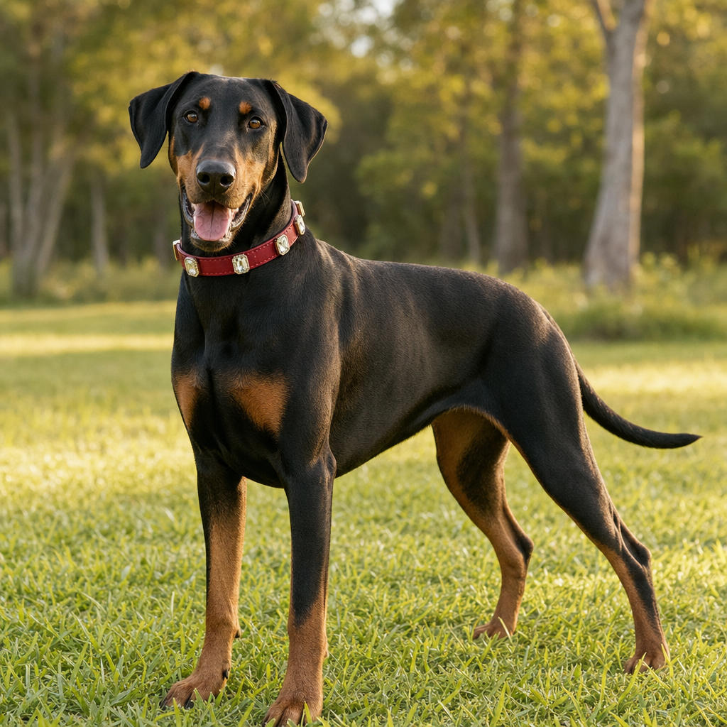 Doberman standing on grass wearing the ruby red rhinestone collar