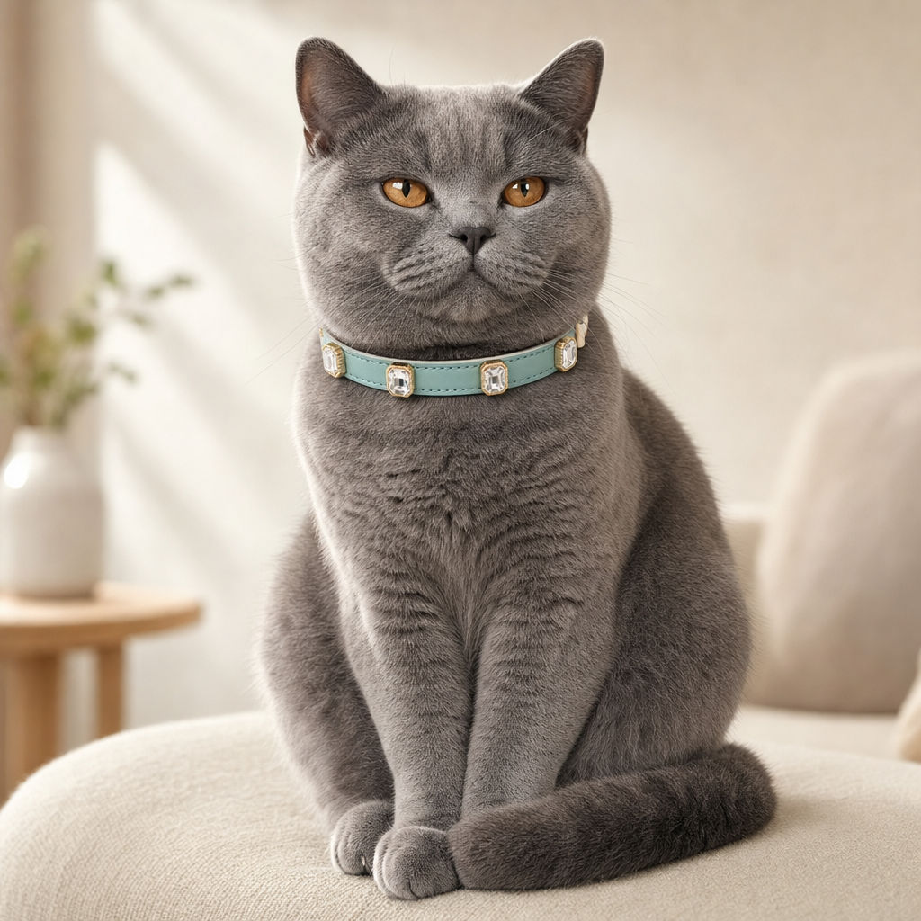British Shorthair cat sitting indoors wearing the duck egg rhinestone collar