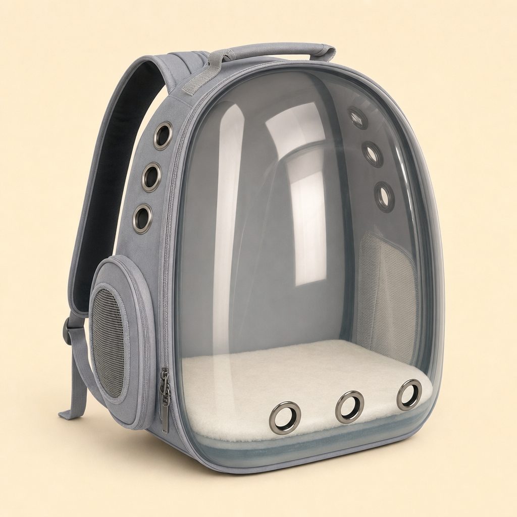 The carrier in Transparent Grey — a clear front panel with no bubble dome, with grey fabric trim.