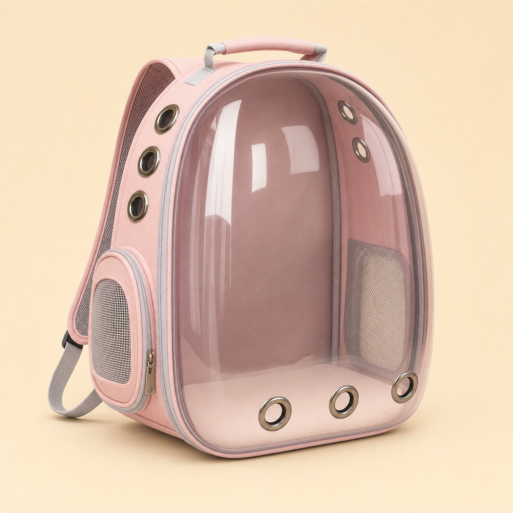 The carrier in Transparent Pink — a clear front panel with no bubble dome, with blush pink fabric trim.