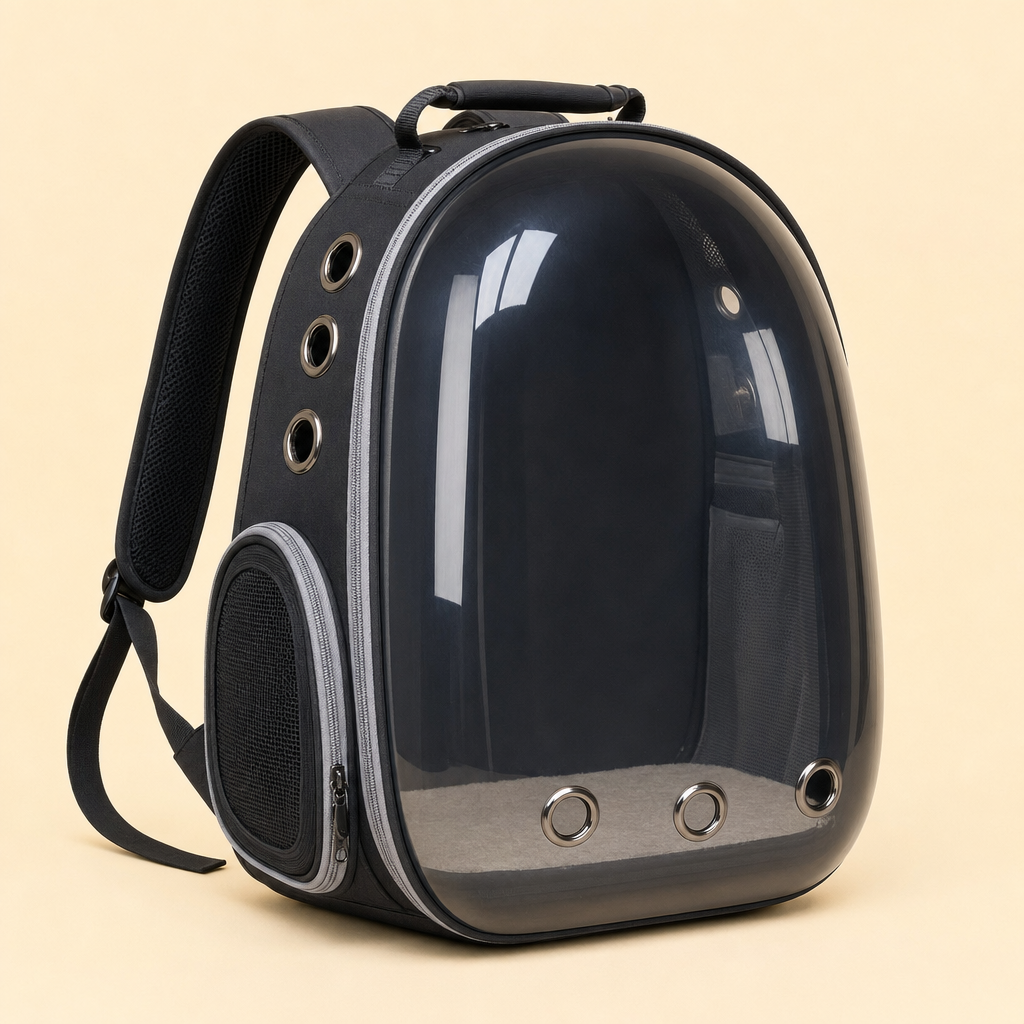 The carrier in Transparent Black — a clear front panel with no bubble dome, with black fabric trim.