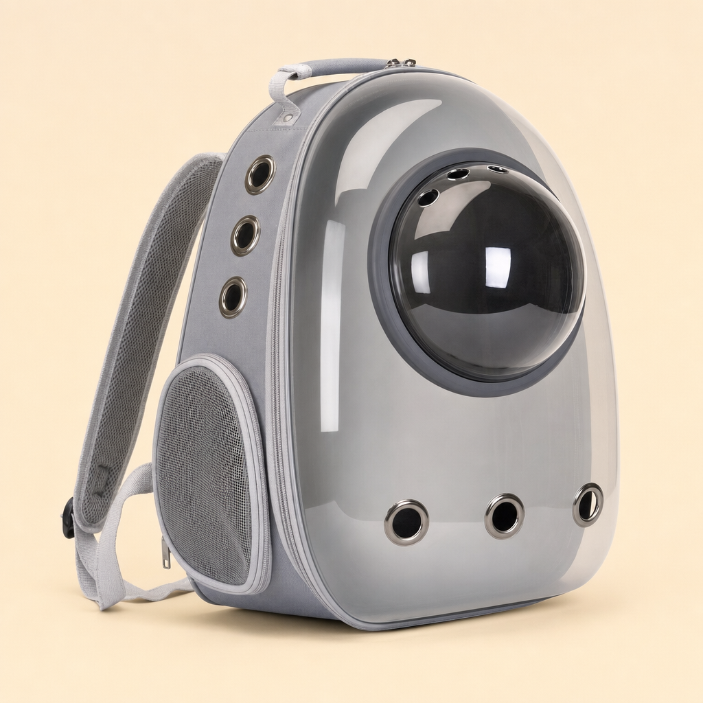 The carrier in Space Hood Transparent Grey — a smoked clear shell with the raised bubble dome.