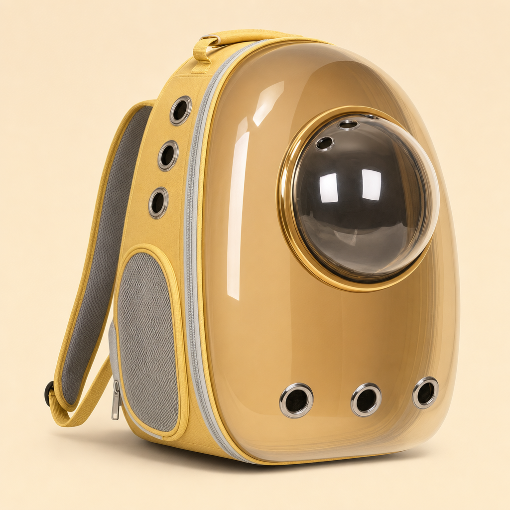 The carrier in Space Hood Transparent Tan — an amber translucent shell with a gold-tone dome ring.