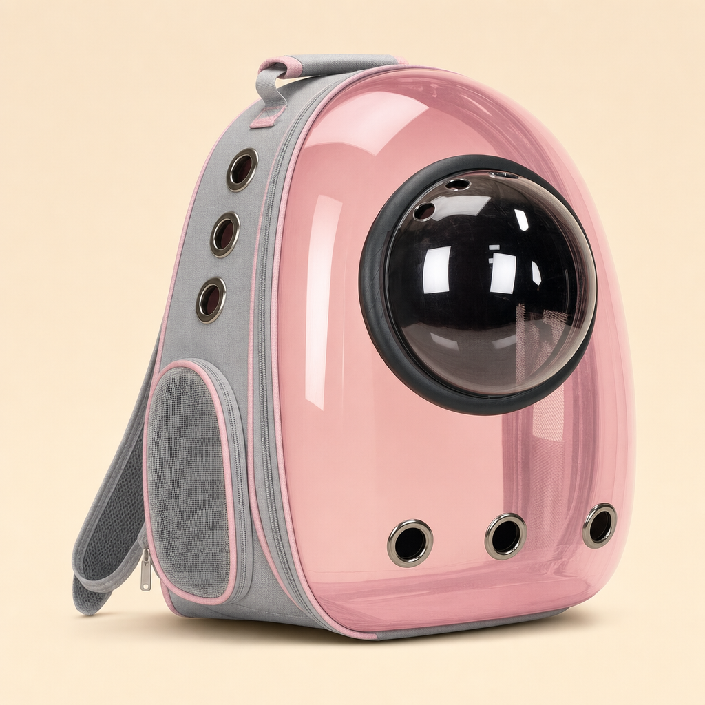The carrier in Space Hood Transparent Pink — a blush pink shell with the raised bubble dome.