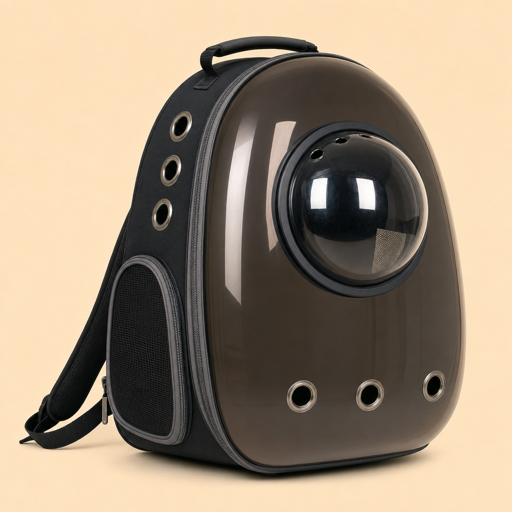 The carrier in Space Hood Transparent Tea Black — a warm smoky brown-black shell with the raised bubble dome.