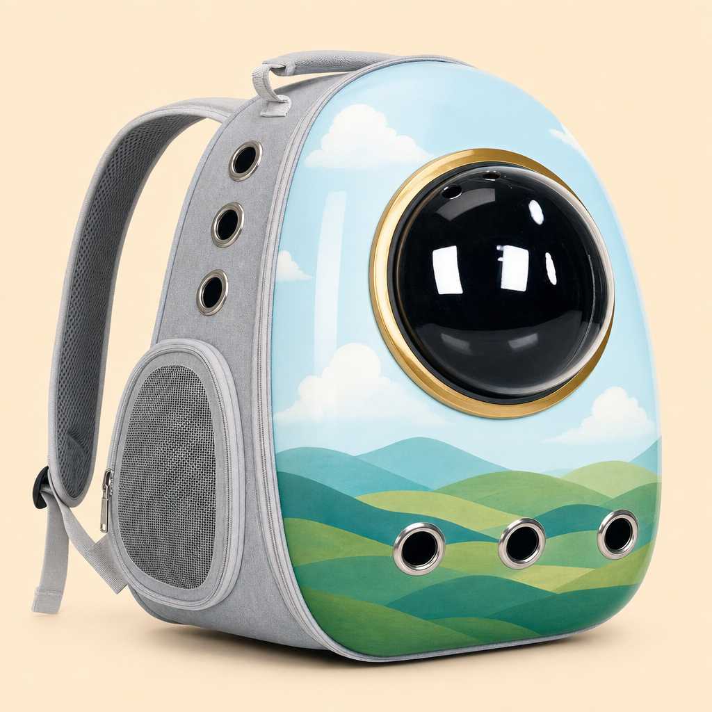 The carrier in Space Hood Cat Island — a painted blue sky and green hills design with a gold-tone dome ring.
