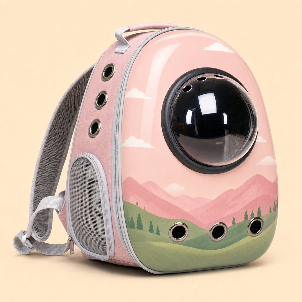 The carrier in Space Hood Pink Mountain — a painted pink sky and green hillside design with the bubble dome.