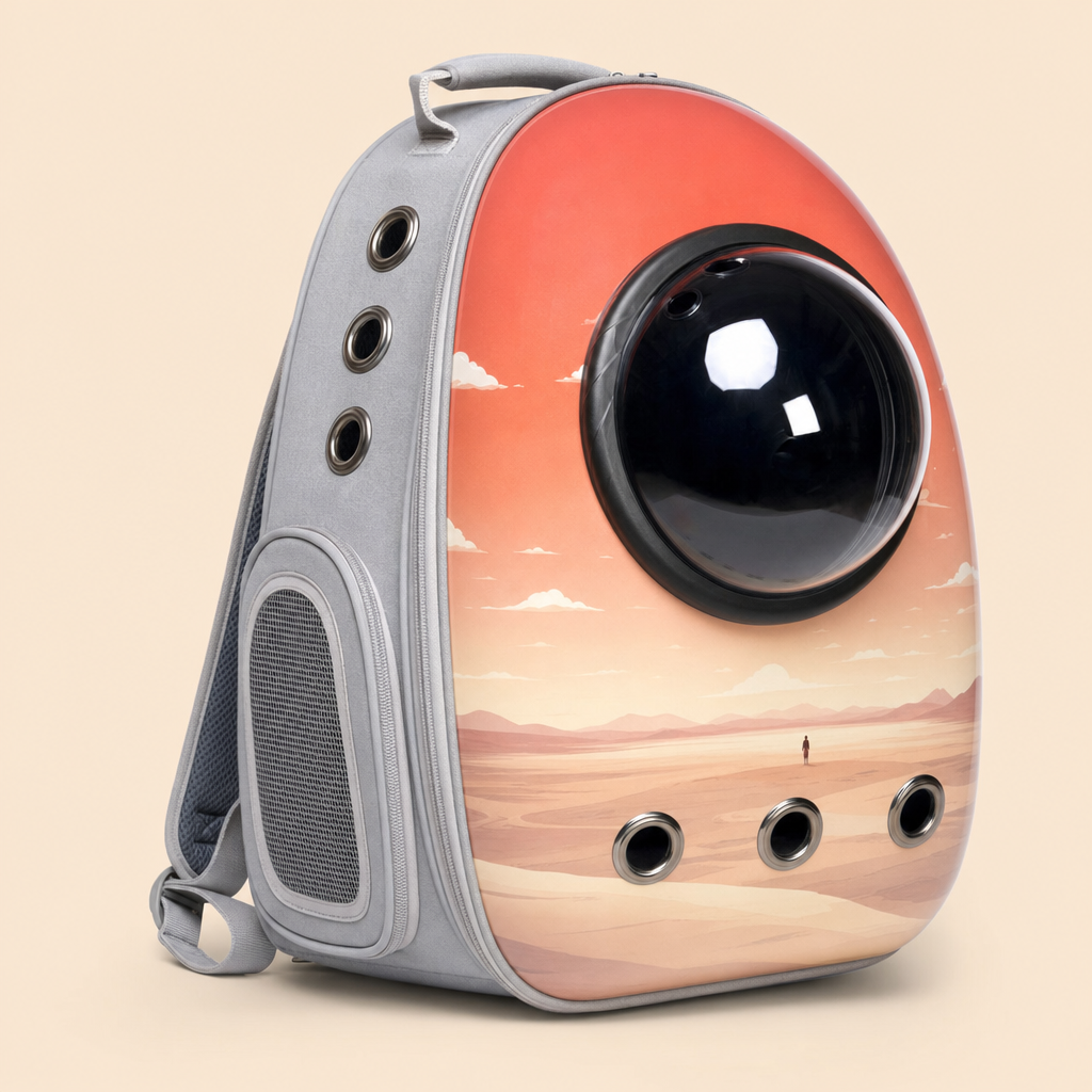 The carrier in Space Hood Sunset — a painted coral sunset and desert plain design with the bubble dome.