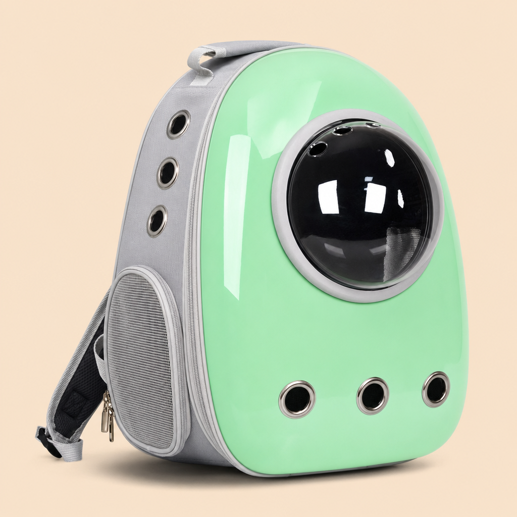 The carrier in Space Hood Fruit Green — a glossy mint green shell with a pale grey dome ring.