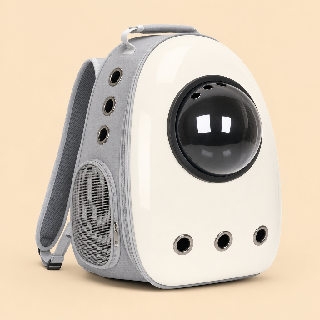 The carrier in Space Hood White and Grey — an off-white shell with grey fabric trim and the raised bubble dome.