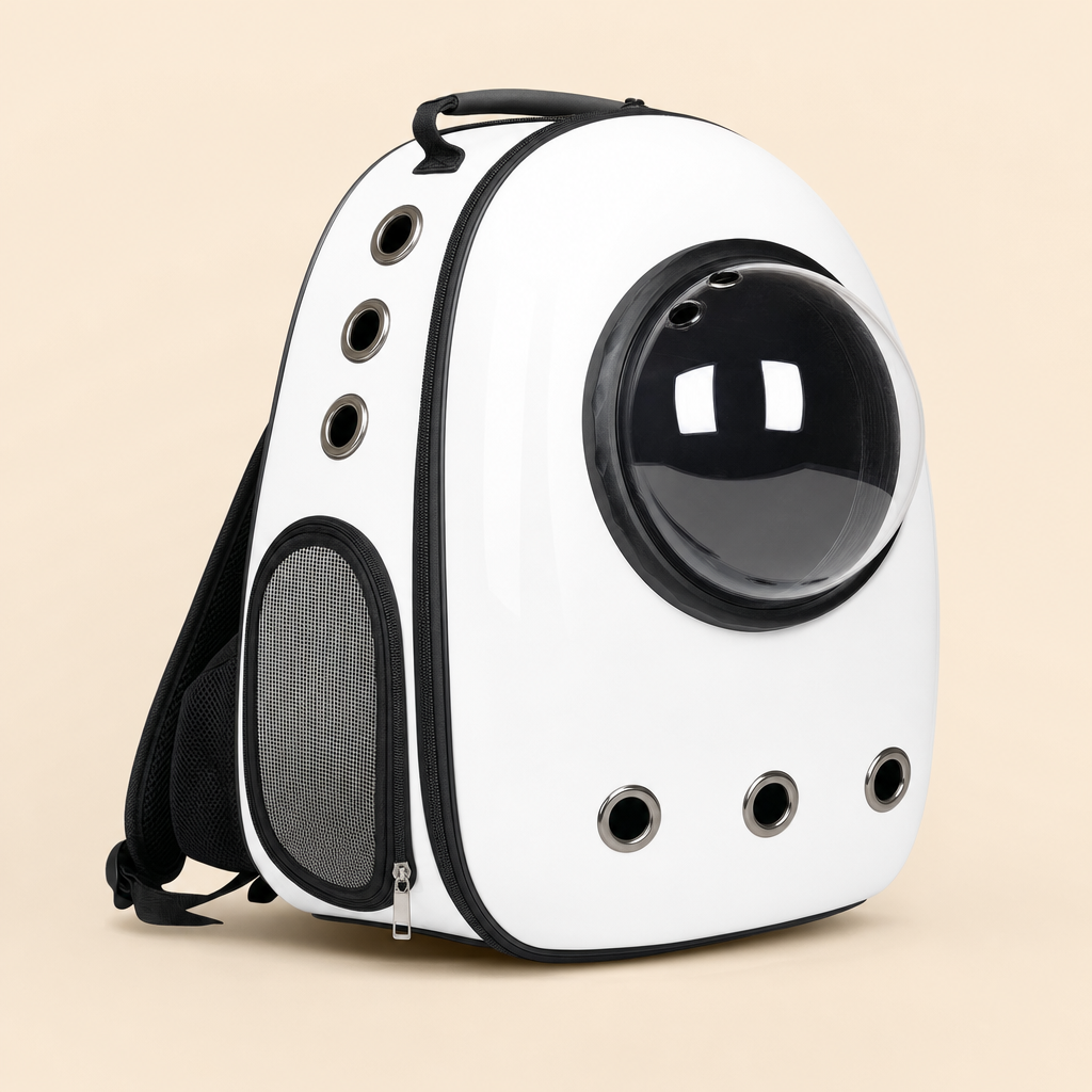 The carrier in Space Hood Solid White — a white shell with black fabric trim and the raised bubble dome.