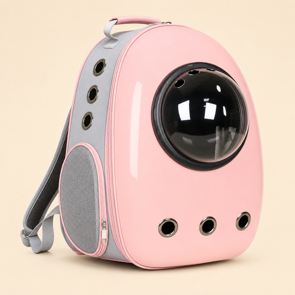 The carrier in Space Hood Solid Pink — a pale pink shell with grey fabric trim and the raised bubble dome.