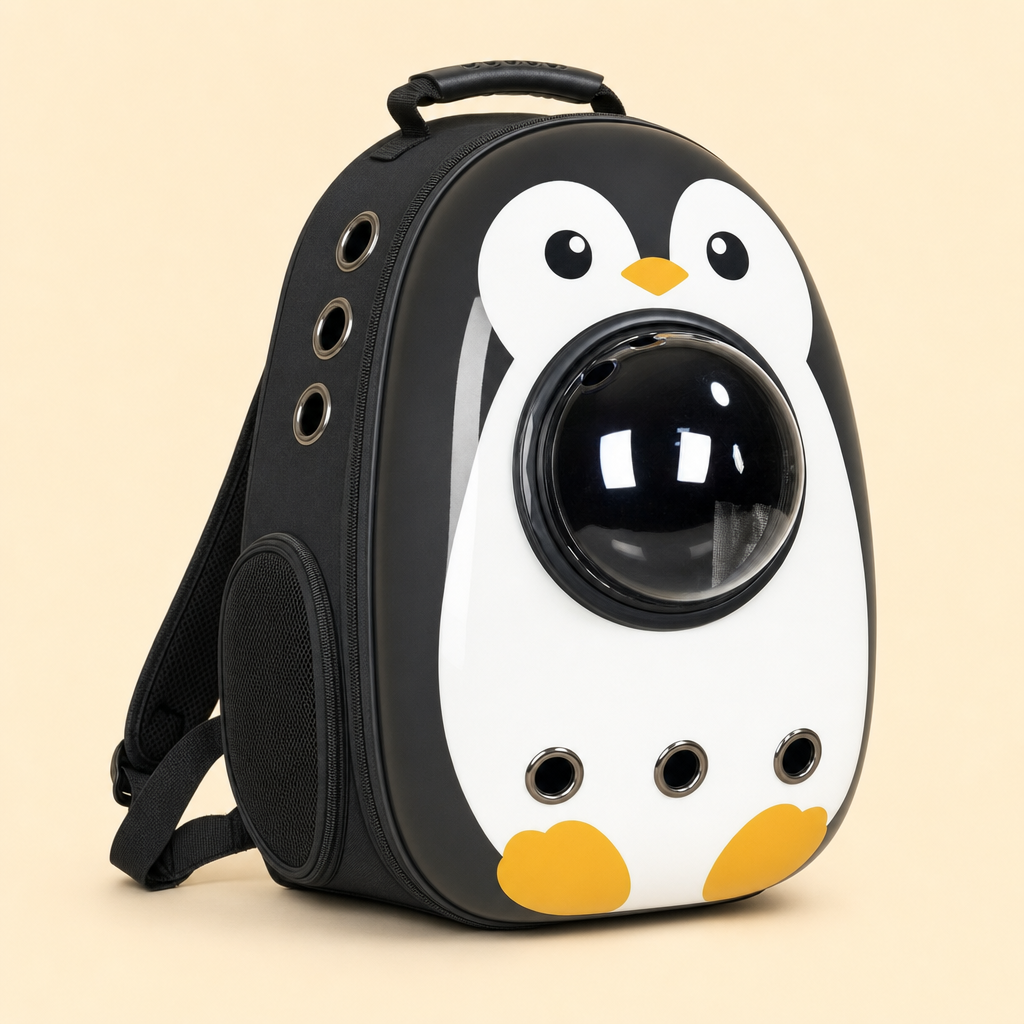 The carrier in Space Hood Cartoon Penguin — a bold black and white penguin design with yellow beak and feet.