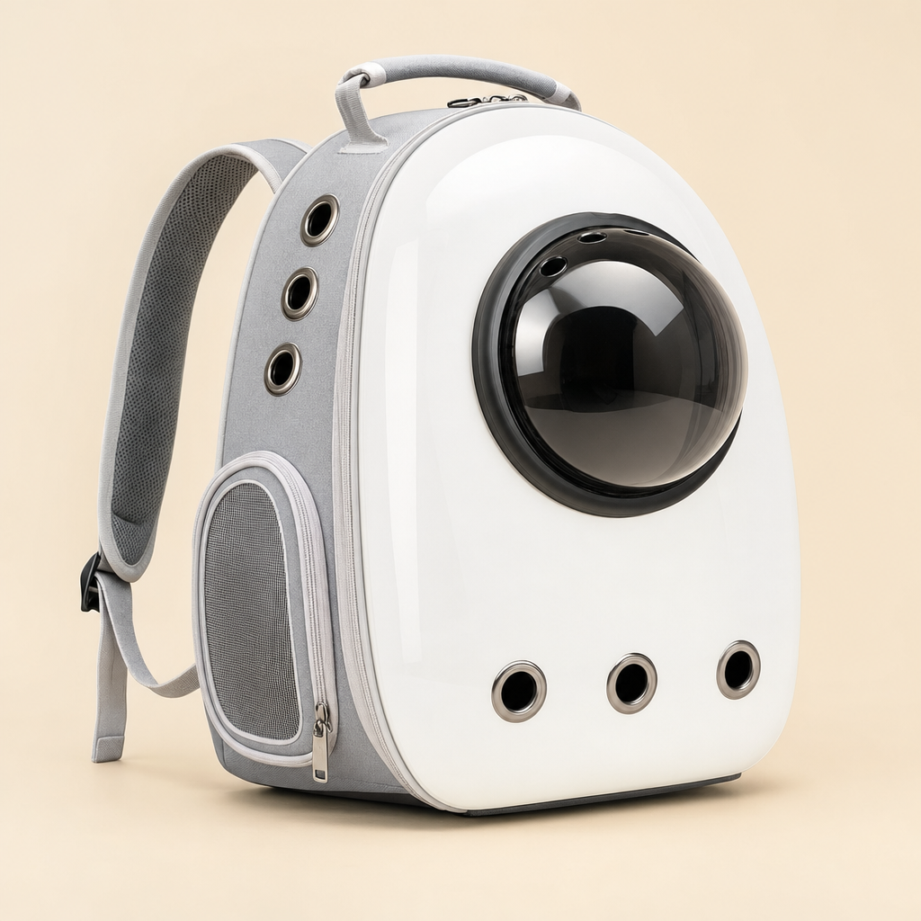 The capsule pet carrier backpack in white with a smoked bubble dome, shown empty on a plain warm-neutral background.