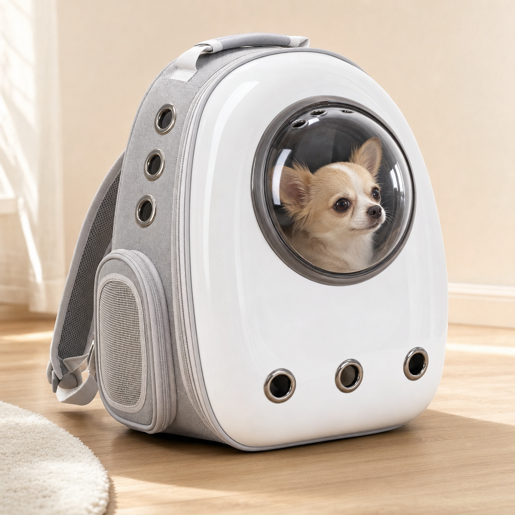 A small tan and white dog resting inside the capsule backpack, looking out through the bubble dome, on a wooden floor.