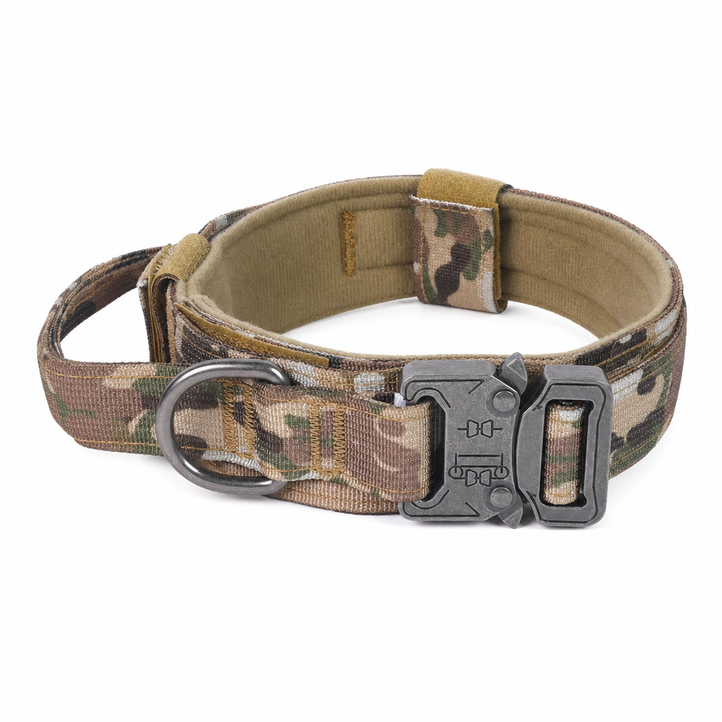 Camo padded tactical dog collar with a gunmetal grey quick-release buckle, D-ring and grab handle.