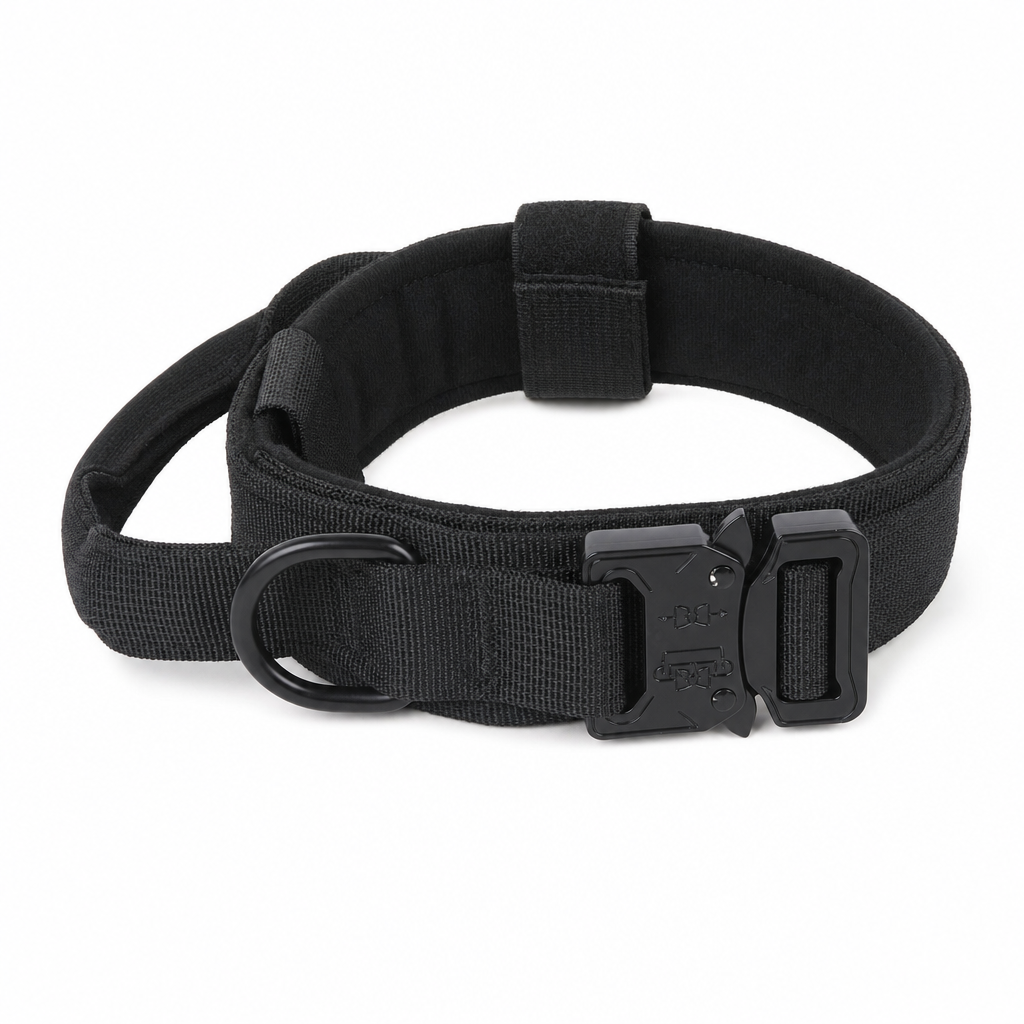 Black padded tactical dog collar with a matte black quick-release buckle, D-ring and grab handle.
