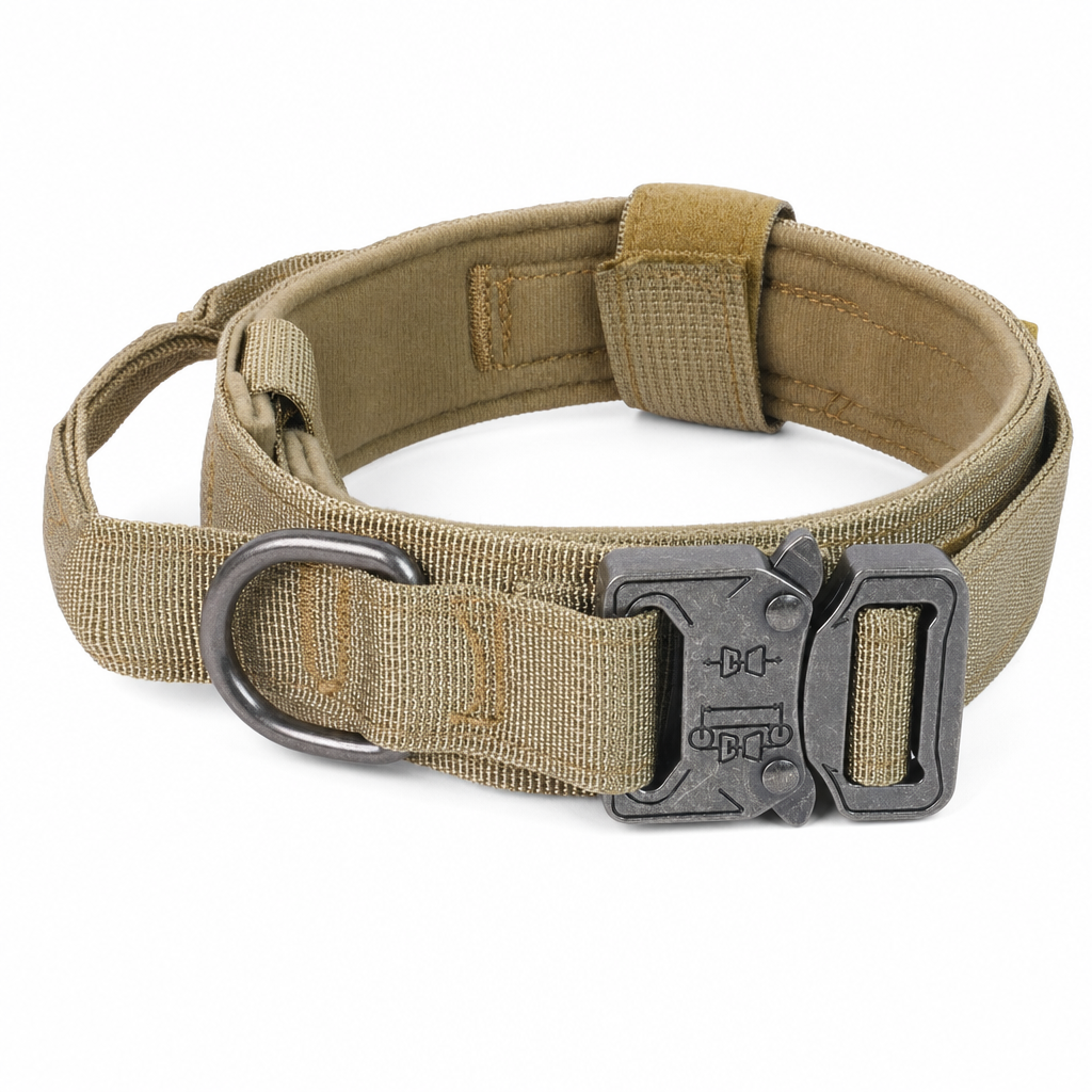 Khaki padded tactical dog collar with a gunmetal grey quick-release buckle, D-ring and grab handle.