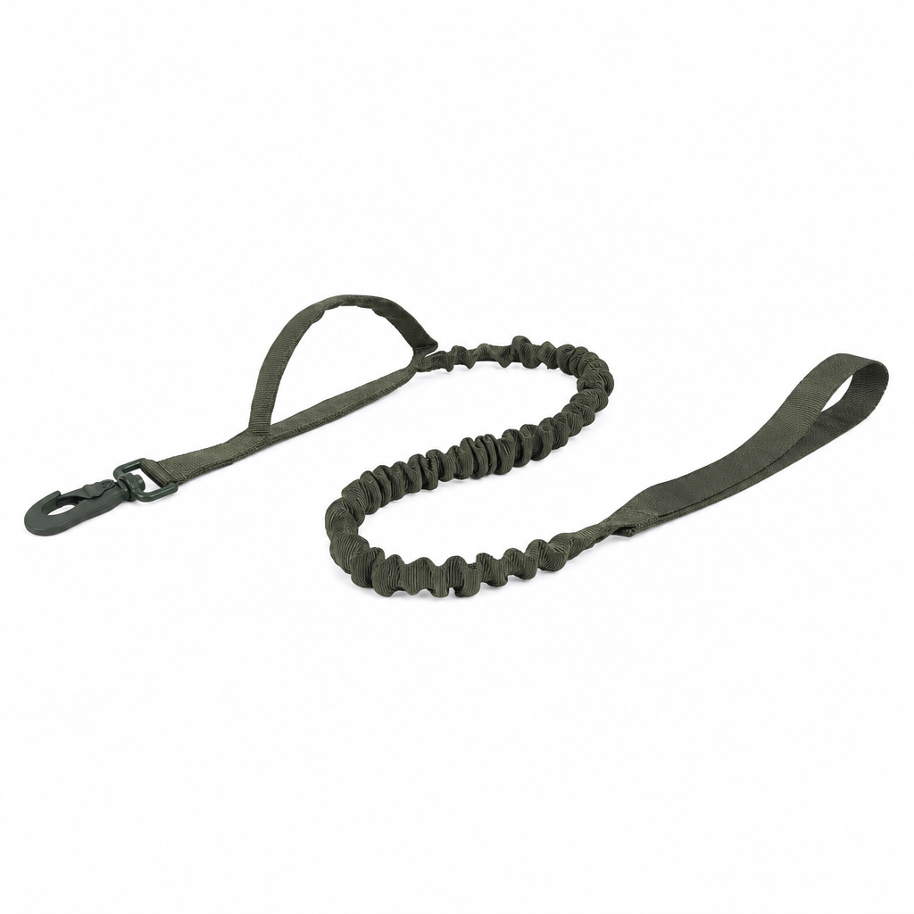 Olive dog lead with a dark olive green snap hook, a grip handle near the hook, an elasticated bungee section and a hand loop.