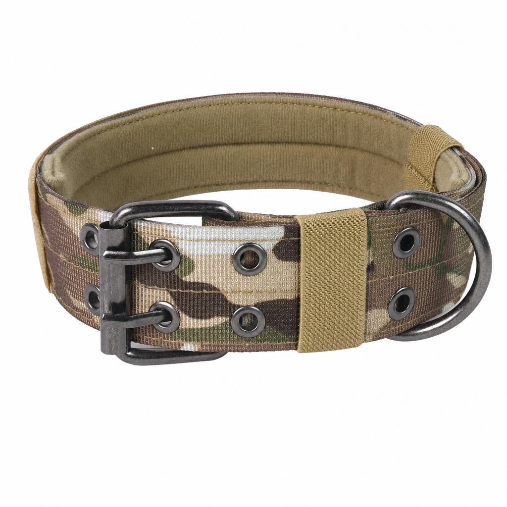 Camo padded dog collar with a two-pin metal buckle, two rows of metal eyelets and a D-ring.