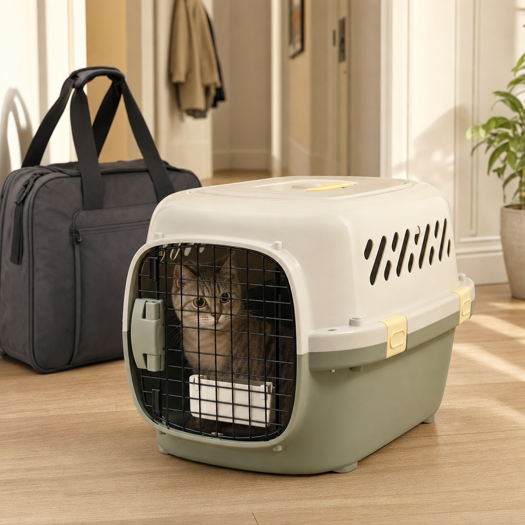 Die Box in Matcha Green auf einem Holzboden im Flur, dahinter eine gepackte Reisetasche; eine kleine kurzhaarige Katze sitzt darin und schaut durch die geschlossene Gittertür heraus.