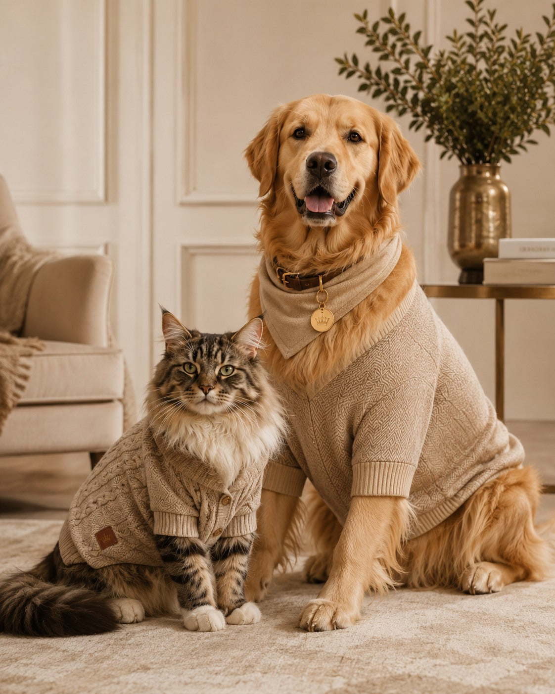 Golden Retriever und Maine-Coon-Katze in passenden cremefarbenen Strickpullovern in einem eleganten, neutral gehaltenen Interieur.