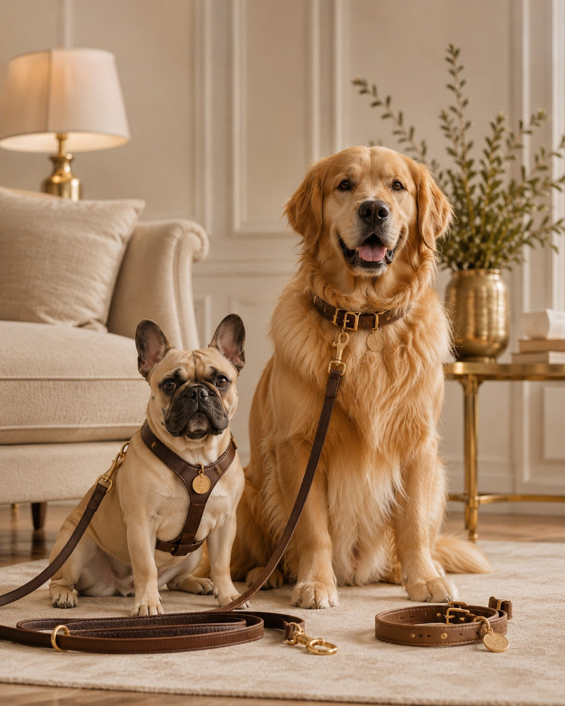 Golden Retriever mit braunem Lederhalsband und Leine in einem warm getönten Interieur.