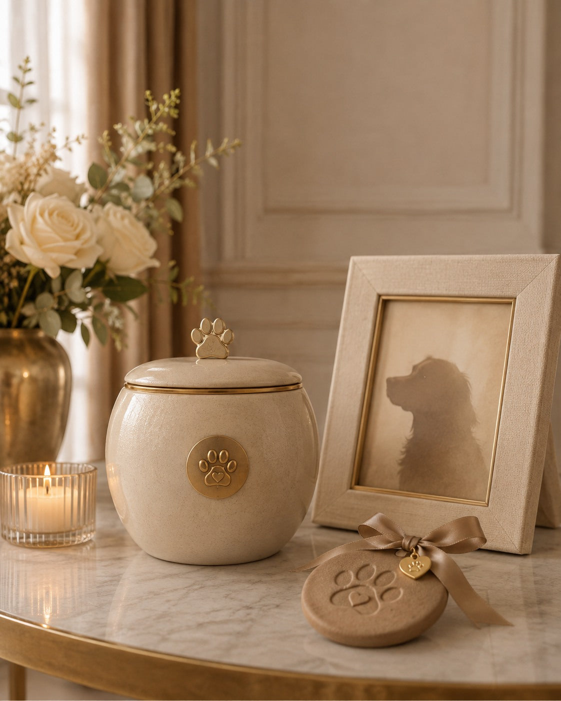 Elegante, neutral gehaltene Erinnerungsurne für Haustiere, gerahmtes Tierporträt und Erinnerungsstück.