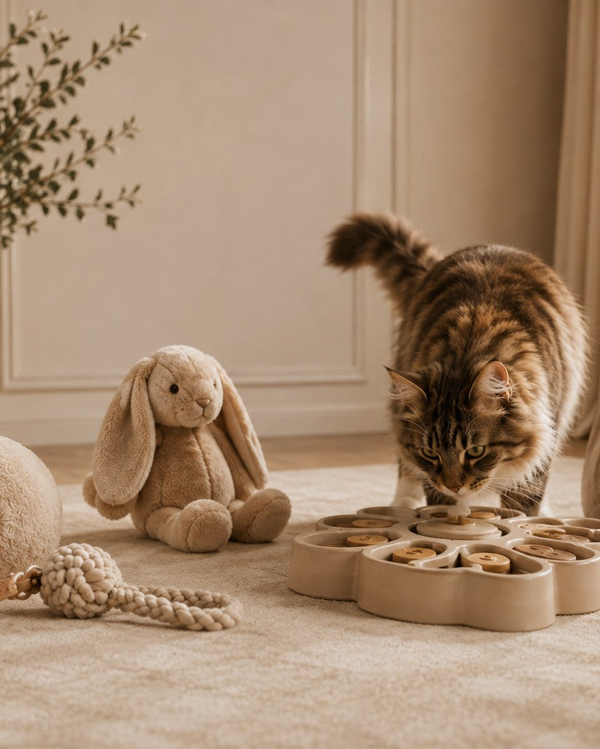 Katze spielt mit Beschäftigungsspielzeug in neutralen Farbtönen in einer stilvollen Inneneinrichtung.