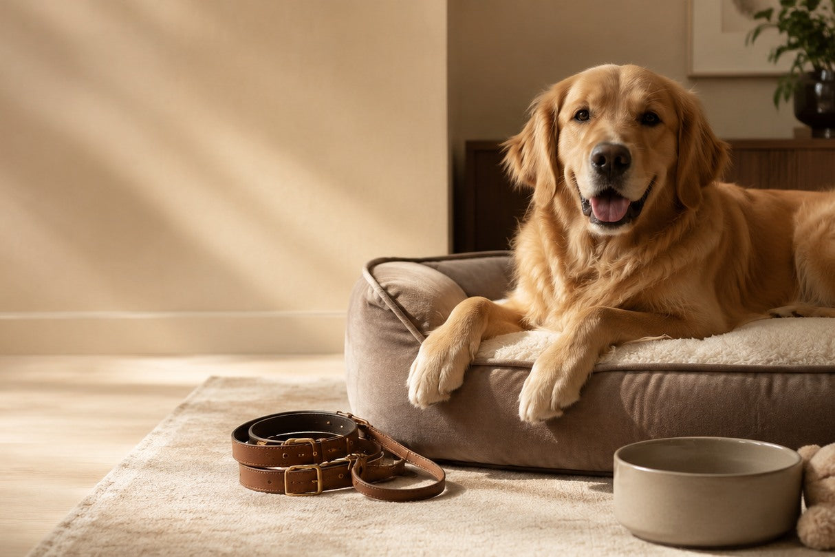 Golden Retriever ruht auf einem weichen Hundebett neben einer Lederleine und einem Keramiknapf in einem ruhigen Interieur.