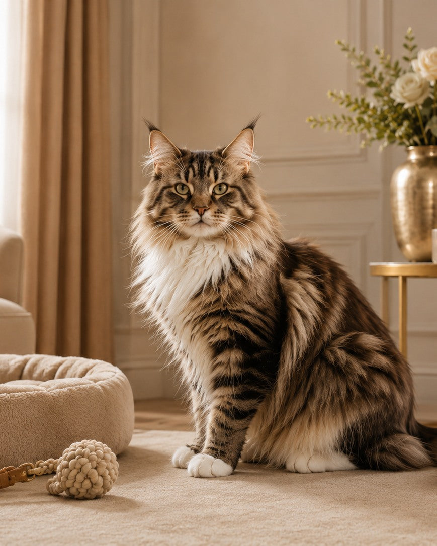 Maine-Coon-Katze neben einem weichen Hundebett in einem eleganten, neutral gehaltenen Raum.