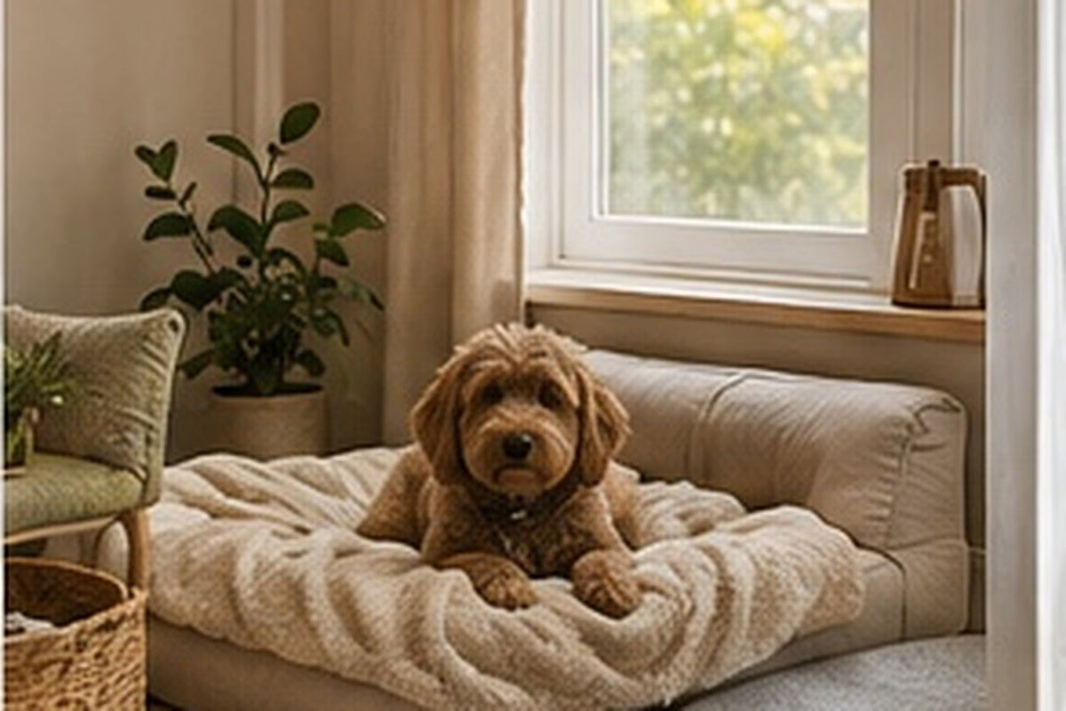 A dog resting peacefully in a calm pet space beside a sunlit window.