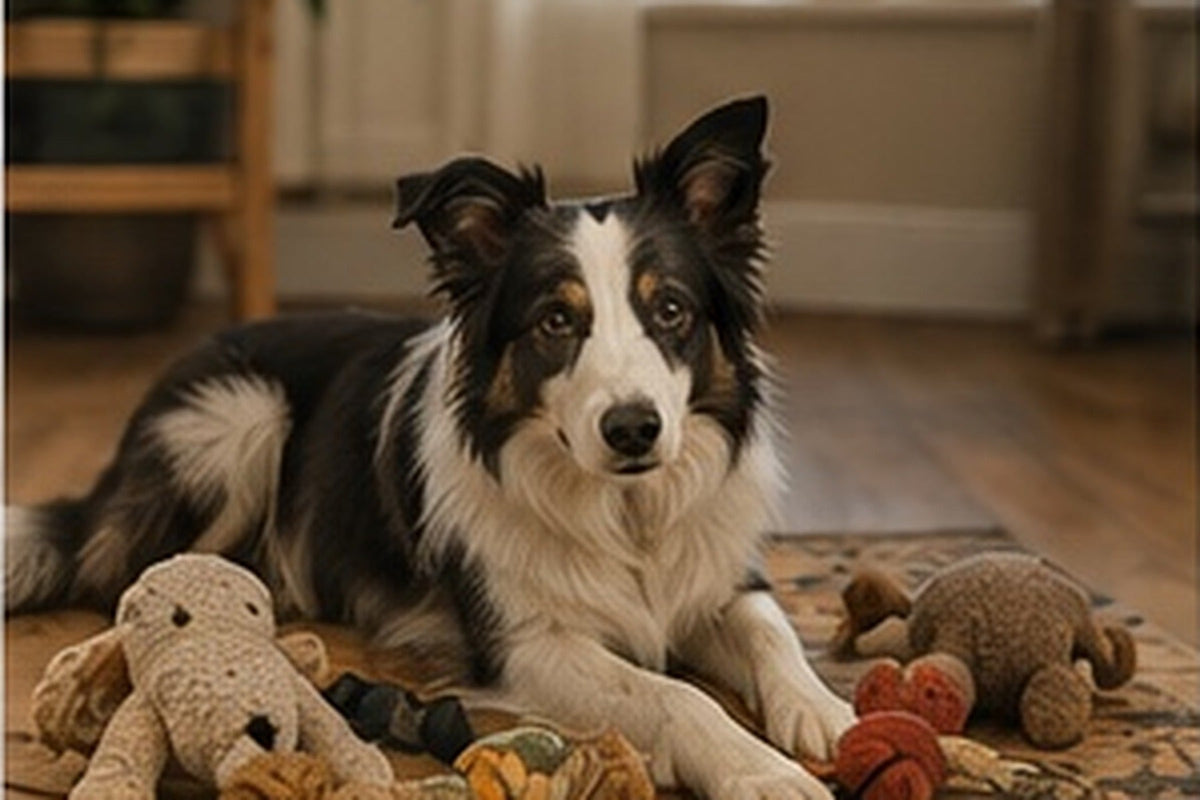 A dog resting with a selection of safe and engaging pet toys.