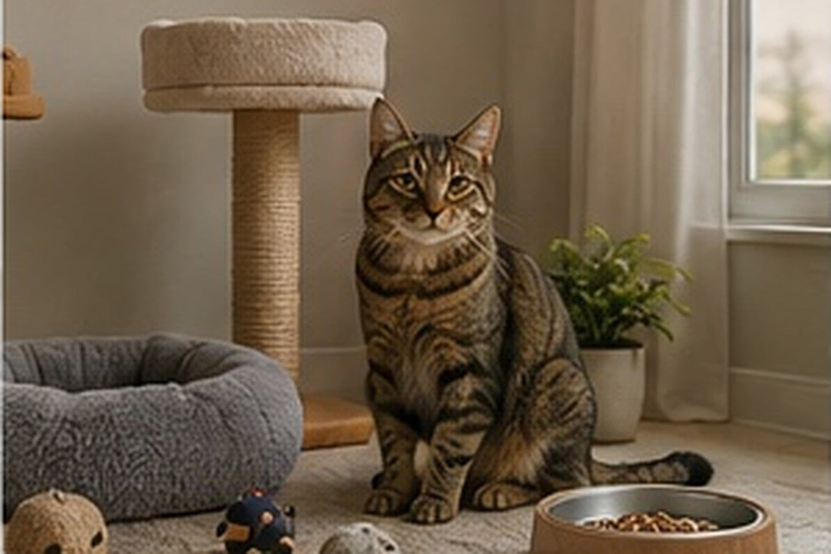 A cat beside a bed, scratching post, toys and feeding essentials.