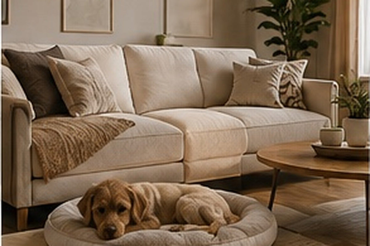 A dog bed integrated naturally into a refined pet-friendly living room.