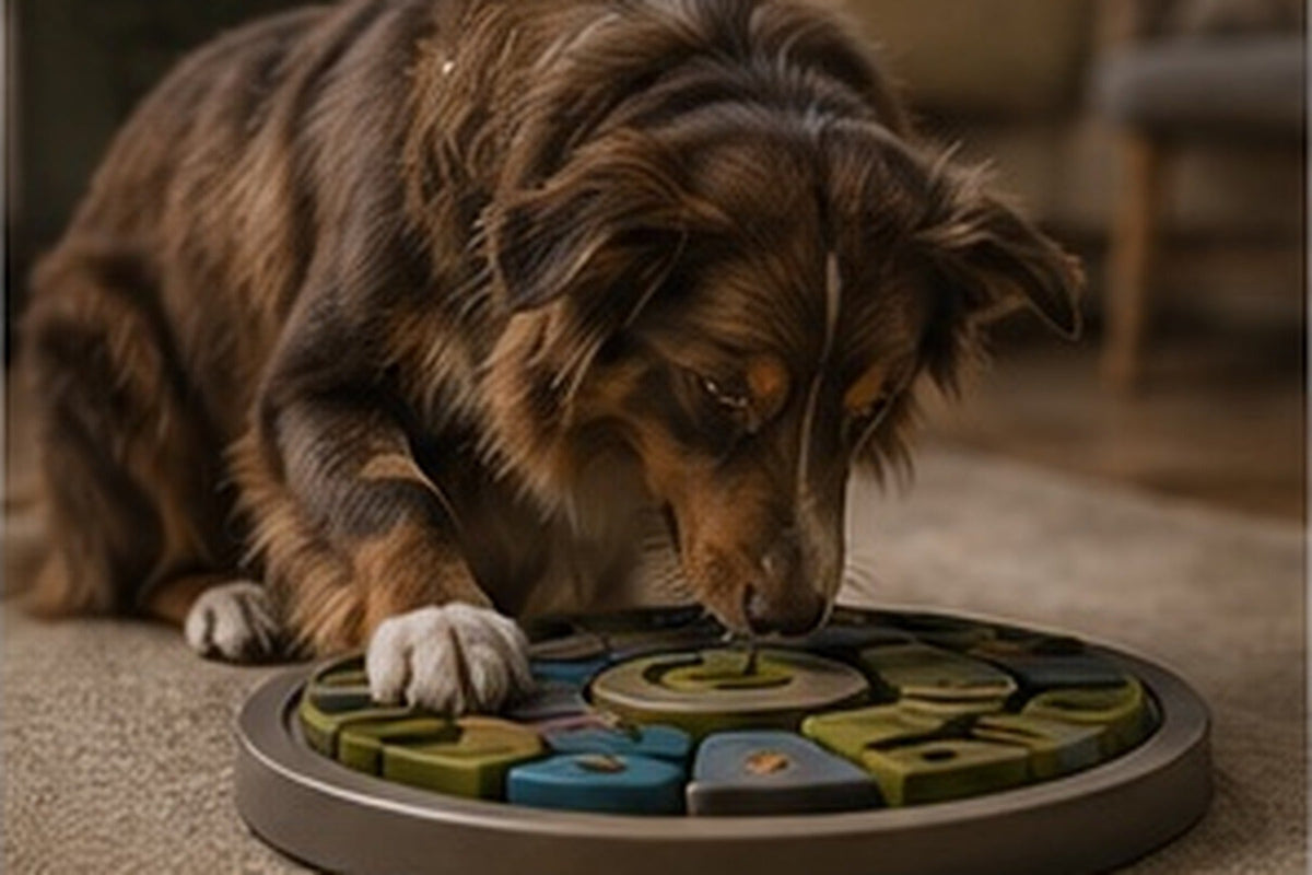 A dog using an interactive enrichment puzzle in a calm home.