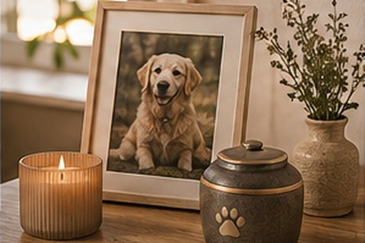 A framed pet photograph, memorial urn and candle in a quiet setting.