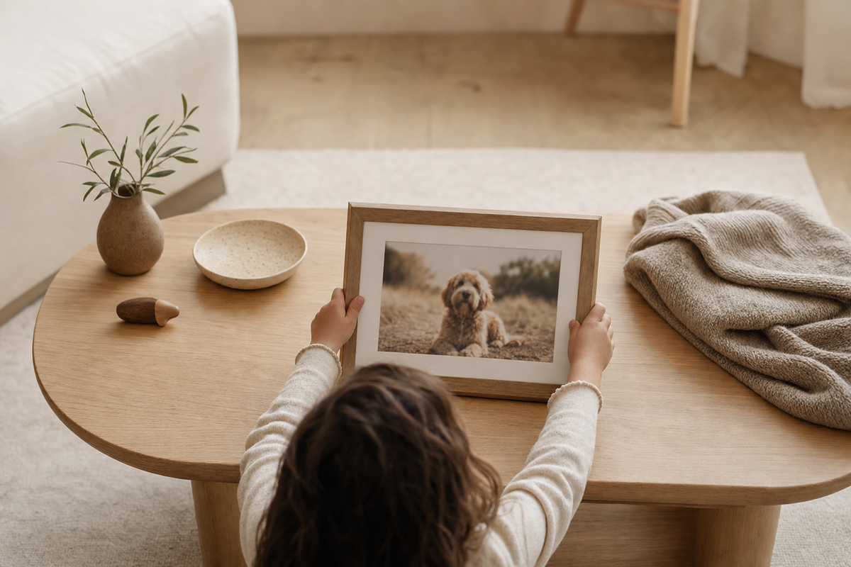A child placing a framed photograph of a family dog on a low table.