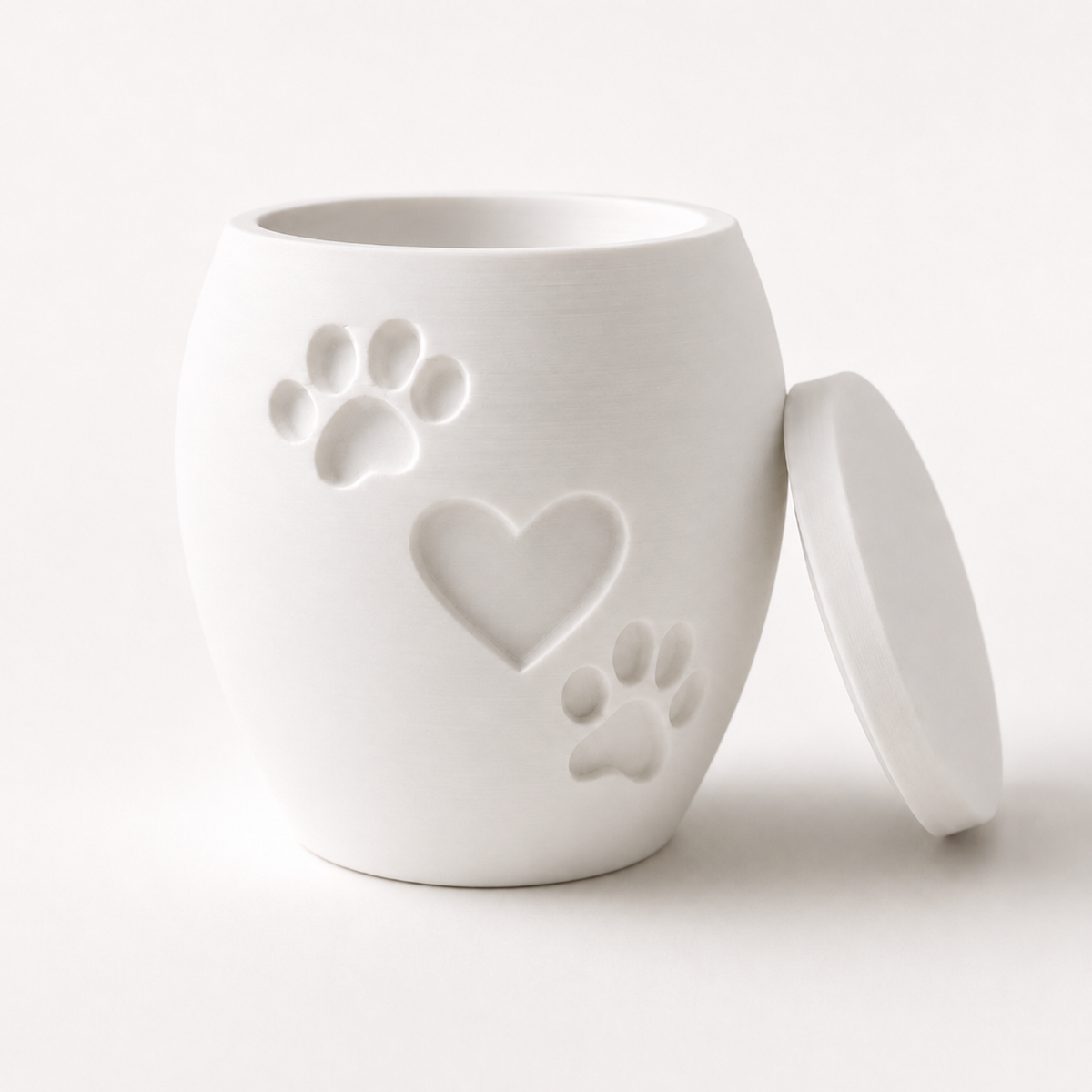 White 3D printed pet memorial urn with heart and two paw print design, lid removed.