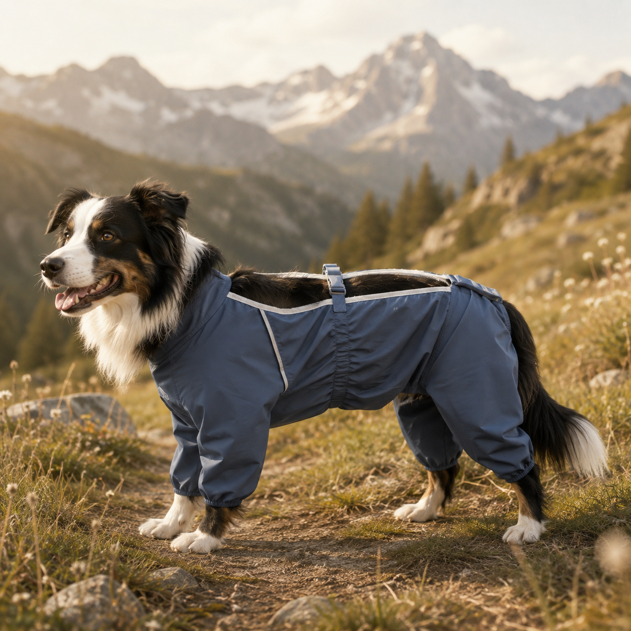 Border Collie wearing the Paws of Prestige water-resistant dog jumpsuit on an alpine trail.