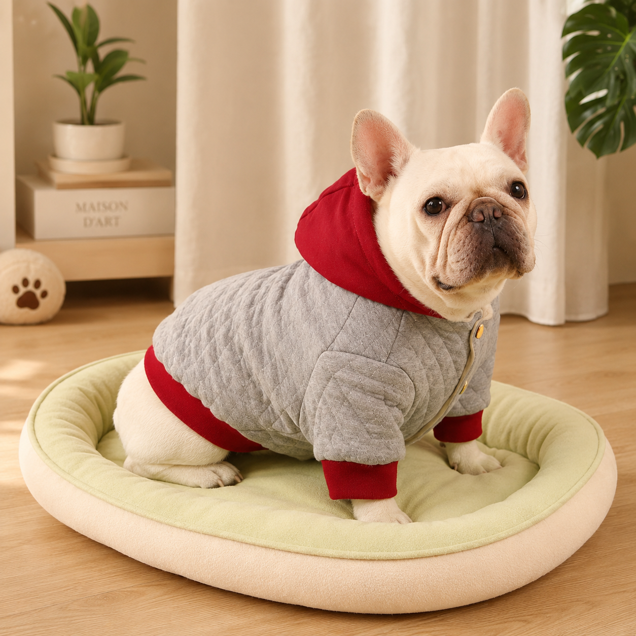 French bulldog wearing the grey festive quilted hooded dog jacket on a soft pet bed