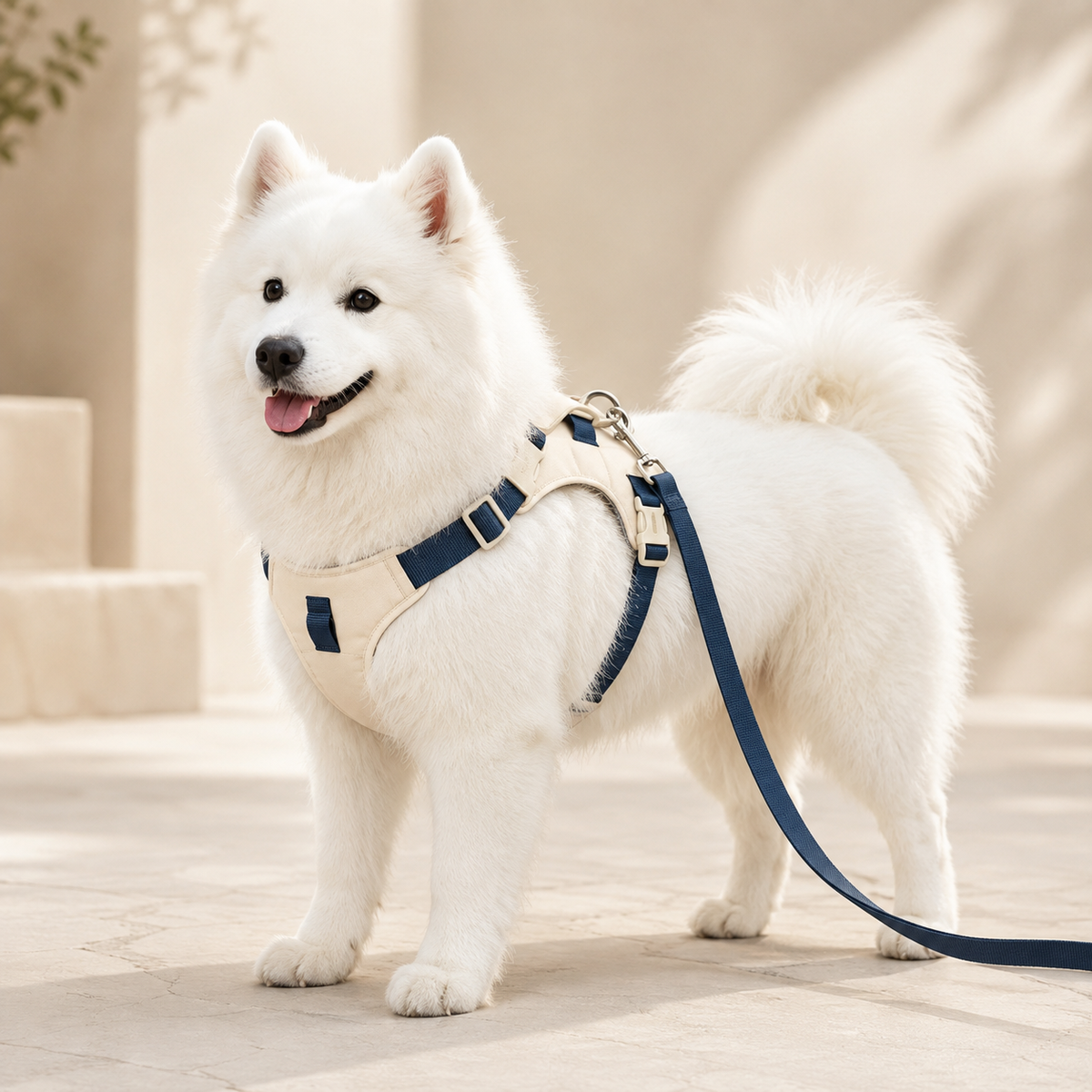 White Samoyed wearing the Milan Water-Resistant Oxford Dog Harness in beige blue with matching leash.