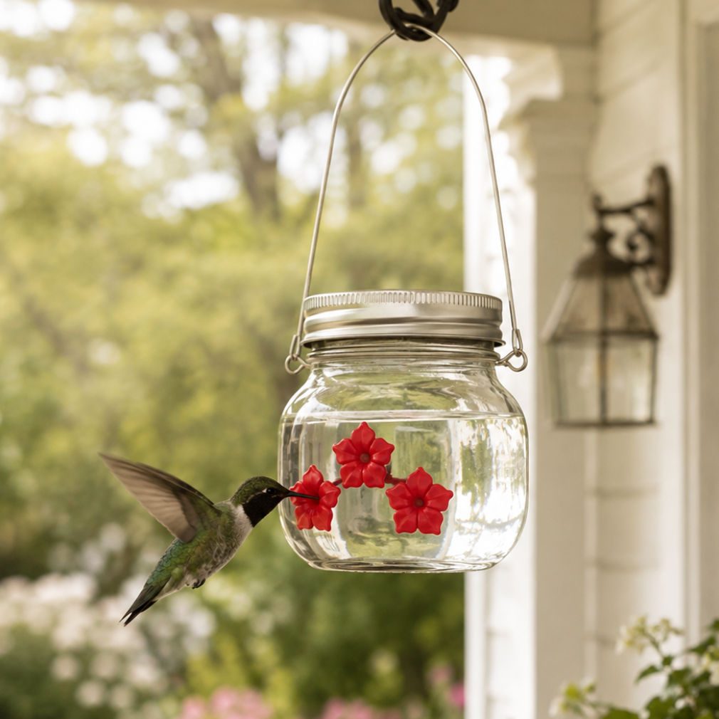 Hummingbird drinking from the Bloom & Sip mason jar feeder hanging on a porch with three red floral feeding ports.