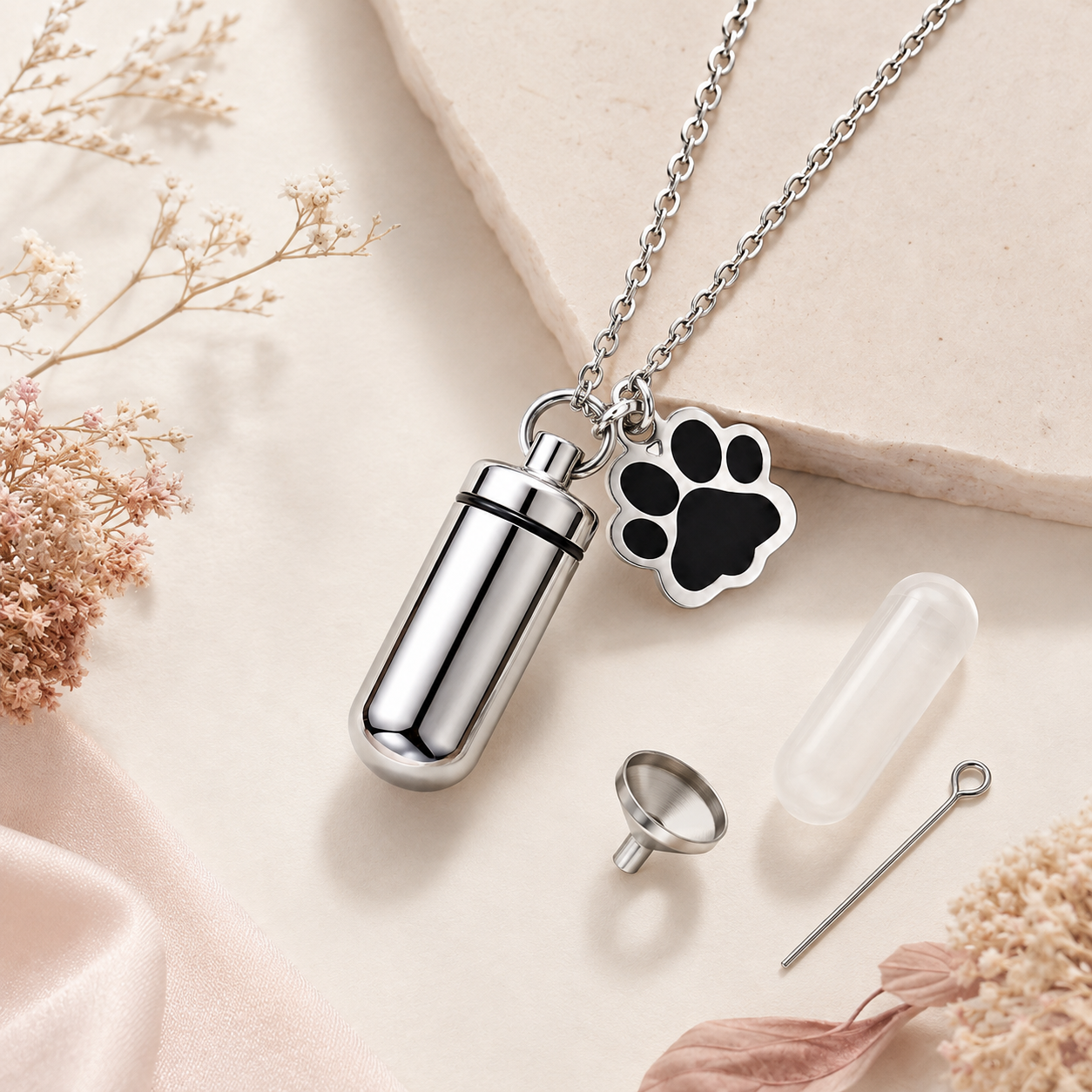 Silver pet memorial keepsake necklace styled on warm cream stone with dried flowers and filling accessories.